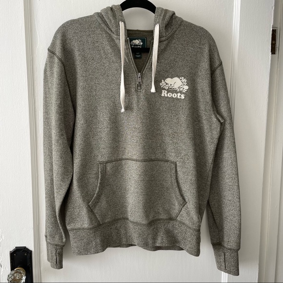 Roots 1/4 Zip Hooded Sweatshirt in Salt & Pepper Green - Picture 2 of 7
